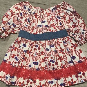 Matilda Jane White Top with Red Floral Print and Blue Waistband